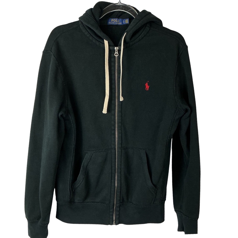 Polo Ralph Lauren Full Zip Hoodie Mens Small Petite Black Red Pony Logo